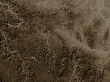 Moravicki, district of Serbia. Elevation map colored in sepia tones with lakes and rivers