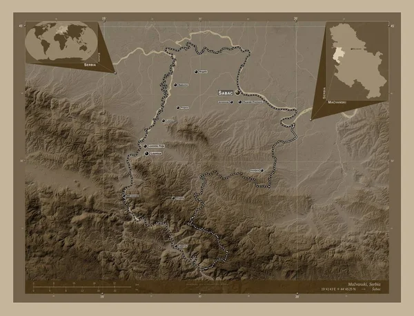 Macvanski District Serbia Elevation Map Colored Sepia Tones Lakes Rivers — ストック写真