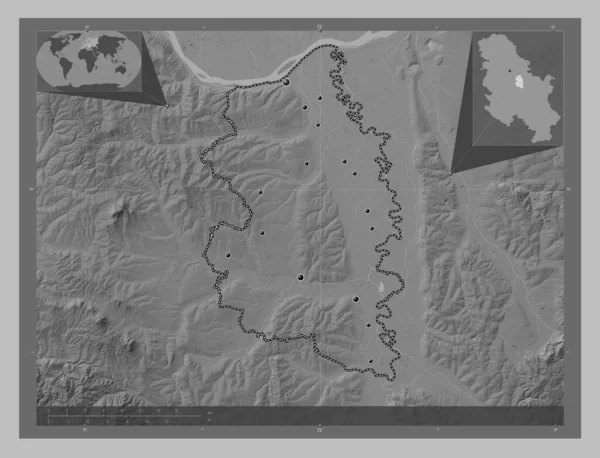 Podunavski District Serbia Grayscale Elevation Map Lakes Rivers Locations Major — Photo