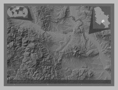 Rasinski, district of Serbia. Grayscale elevation map with lakes and rivers. Corner auxiliary location maps