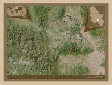 Rasinski, district of Serbia. Low resolution satellite map. Locations and names of major cities of the region. Corner auxiliary location maps