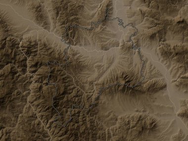 Rasinski, district of Serbia. Elevation map colored in sepia tones with lakes and rivers