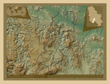 Raski, district of Serbia. Colored elevation map with lakes and rivers. Corner auxiliary location maps