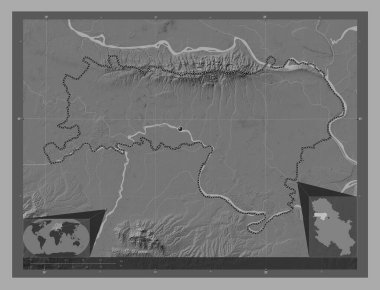 Sremski, district of Serbia. Bilevel elevation map with lakes and rivers. Corner auxiliary location maps