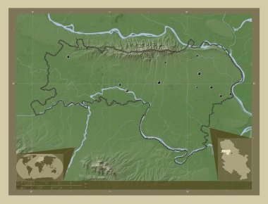 Sremski, district of Serbia. Elevation map colored in wiki style with lakes and rivers. Locations of major cities of the region. Corner auxiliary location maps