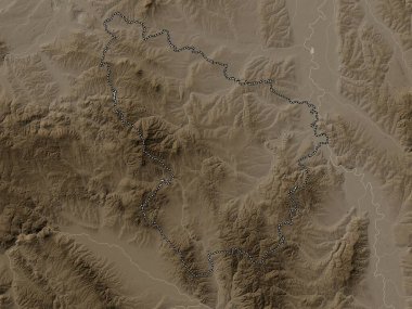 Sumadijski, district of Serbia. Elevation map colored in sepia tones with lakes and rivers
