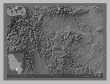 Toplicki, district of Serbia. Grayscale elevation map with lakes and rivers. Locations and names of major cities of the region. Corner auxiliary location maps