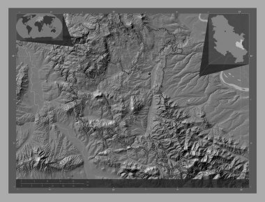Zajecarski, district of Serbia. Bilevel elevation map with lakes and rivers. Corner auxiliary location maps