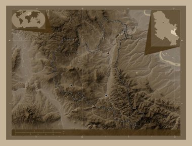 Zajecarski, district of Serbia. Elevation map colored in sepia tones with lakes and rivers. Locations of major cities of the region. Corner auxiliary location maps