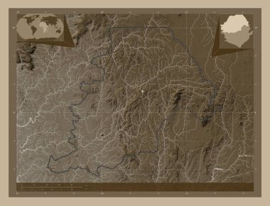 Northern, province of Sierra Leone. Elevation map colored in sepia tones with lakes and rivers. Corner auxiliary location maps