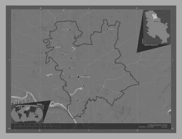 Srednje Banatski District Serbia Bilevel Elevation Map Lakes Rivers Locations — Stock Photo, Image