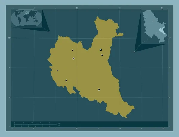 Zajecarski 塞尔维亚区 固体的颜色形状 该区域主要城市的所在地点 角辅助位置图 — 图库照片