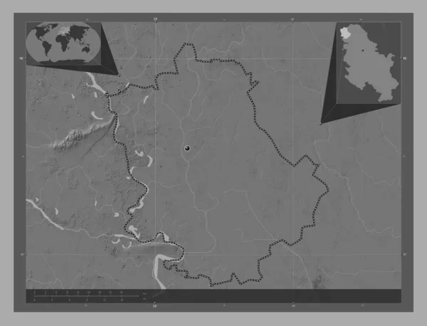 Zapadno Backi District Serbia Bilevel Elevation Map Lakes Rivers Corner — ストック写真