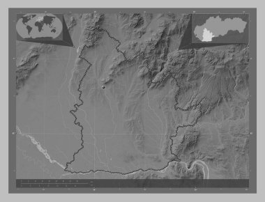 Nitriansky, region of Slovakia. Grayscale elevation map with lakes and rivers. Corner auxiliary location maps