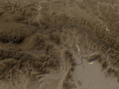 Presovsky, region of Slovakia. Elevation map colored in sepia tones with lakes and rivers