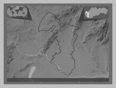 Trnavsky, region of Slovakia. Grayscale elevation map with lakes and rivers. Corner auxiliary location maps