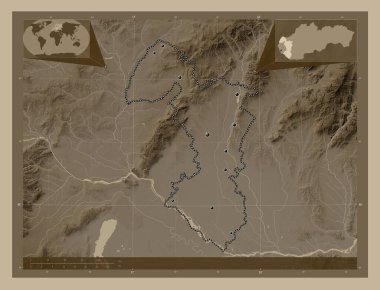 Trnavsky, region of Slovakia. Elevation map colored in sepia tones with lakes and rivers. Locations of major cities of the region. Corner auxiliary location maps