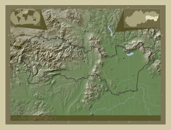 Kosicky Region Slovakia Elevation Map Colored Wiki Style Lakes Rivers — Zdjęcie stockowe