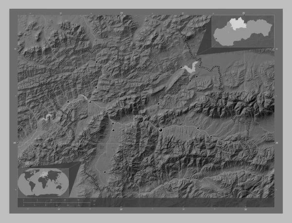ジリンスキー スロバキアの領域 湖や川とグレースケールの標高マップ 地域の主要都市の場所 コーナー補助位置図 — ストック写真