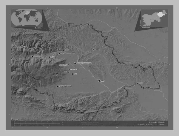 Podravska Statistical Region Slovenia Grayscale Elevation Map Lakes Rivers Locations — Stockfoto