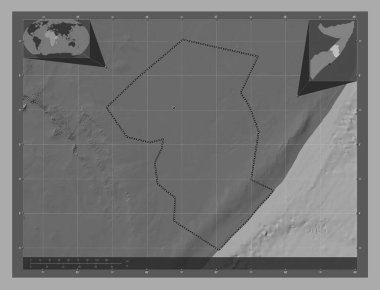Galgaduud, region of Somalia. Bilevel elevation map with lakes and rivers. Corner auxiliary location maps