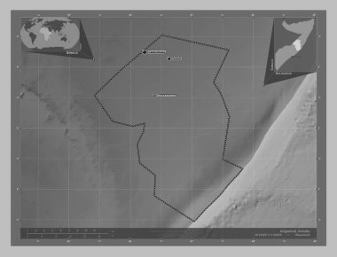 Galgaduud, region of Somalia. Grayscale elevation map with lakes and rivers. Locations and names of major cities of the region. Corner auxiliary location maps