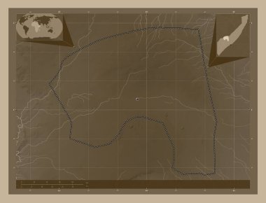 Bakool, region of Somalia Mainland. Elevation map colored in sepia tones with lakes and rivers. Locations of major cities of the region. Corner auxiliary location maps