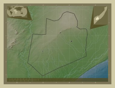 Bay, region of Somalia Mainland. Elevation map colored in wiki style with lakes and rivers. Locations of major cities of the region. Corner auxiliary location maps