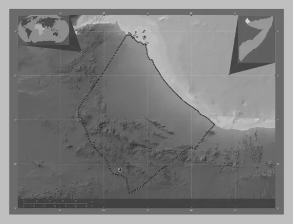 Awdal Region Somalia Grayscale Elevation Map Lakes Rivers Locations Major — 图库照片