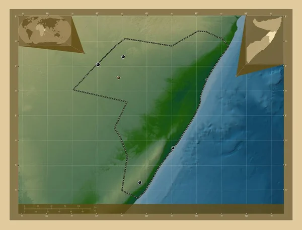 Мудуг Район Сомали Цветная Карта Высоты Озерами Реками Места Расположения — стоковое фото