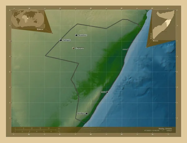 Mudug Region Somalii Kolorowa Mapa Wzniesień Jeziorami Rzekami Lokalizacje Nazwy — Zdjęcie stockowe