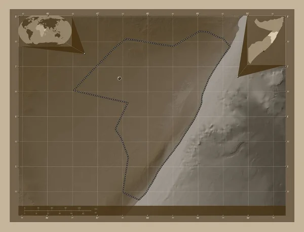 Мудуг Район Сомали Карта Высоты Окрашенная Сепиевые Тона Озерами Реками — стоковое фото