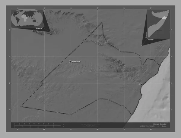 Nugaal Region Somalia Bilevel Elevation Map Lakes Rivers Locations Names — Foto Stock