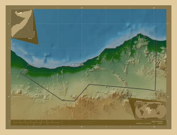 Сахіл Район Сомалі Кольорові Карти Висот Озерами Річками Місця Розташування — стокове фото