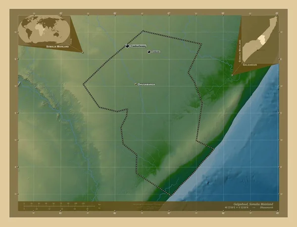 ガルガドゥード ソマリア本土の地域 湖や川と色の標高マップ 地域の主要都市の位置と名前 コーナー補助位置図 — ストック写真