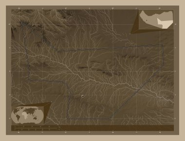 Sool, region of Somaliland. Elevation map colored in sepia tones with lakes and rivers. Corner auxiliary location maps