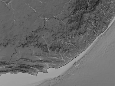 Eastern Cape, province of South Africa. Grayscale elevation map with lakes and rivers