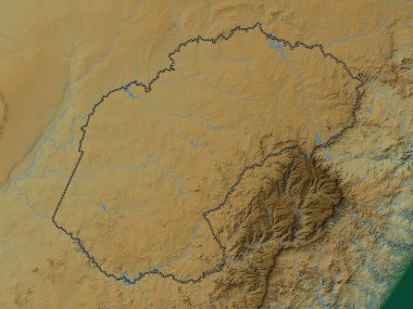 Free State, province of South Africa. Colored elevation map with lakes and rivers