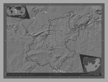 Gauteng, province of South Africa. Bilevel elevation map with lakes and rivers. Locations and names of major cities of the region. Corner auxiliary location maps