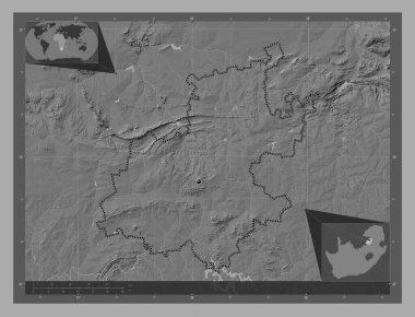 Gauteng, province of South Africa. Bilevel elevation map with lakes and rivers. Corner auxiliary location maps