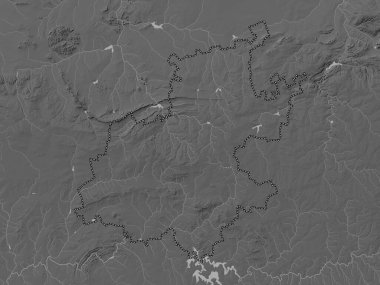 Gauteng, province of South Africa. Grayscale elevation map with lakes and rivers