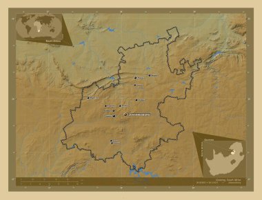 Gauteng, province of South Africa. Colored elevation map with lakes and rivers. Locations and names of major cities of the region. Corner auxiliary location maps