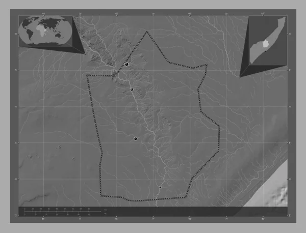 ソマリア本土のハイラーン 湖や川と二階の標高マップ 地域の主要都市の場所 コーナー補助位置図 — ストック写真