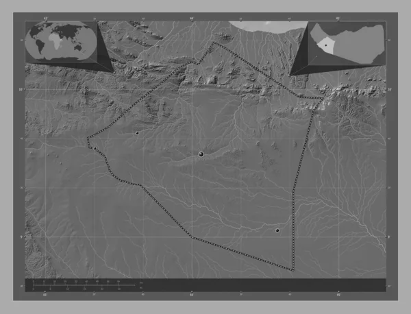 ソマリランドのマルオディ ジェックス 湖や川と二階の標高マップ 地域の主要都市の場所 コーナー補助位置図 — ストック写真
