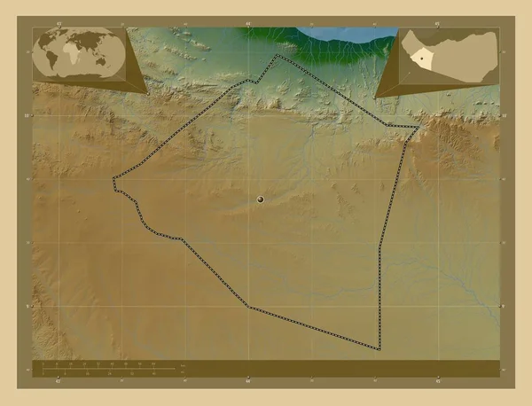 Maroodi Jeex Region Somaliland Colored Elevation Map Lakes Rivers Corner — Foto Stock