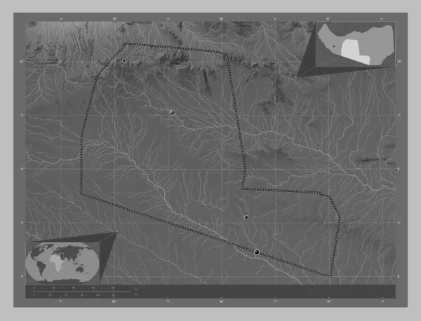 Togdheer Region Somalii Mapa Wzniesień Skali Szarości Jeziorami Rzekami Lokalizacje — Zdjęcie stockowe