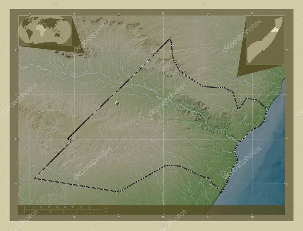 Nugaal, región de Somalia continental. Mapa de elevación coloreado en