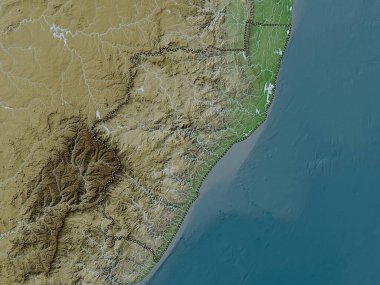 KwaZulu-Natal, province of South Africa. Elevation map colored in wiki style with lakes and rivers
