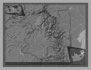 Mpumalanga, province of South Africa. Bilevel elevation map with lakes and rivers. Locations and names of major cities of the region. Corner auxiliary location maps