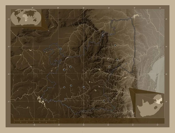Мпумаланга Провинция Юар Карта Высоты Окрашенная Сепиевые Тона Озерами Реками — стоковое фото